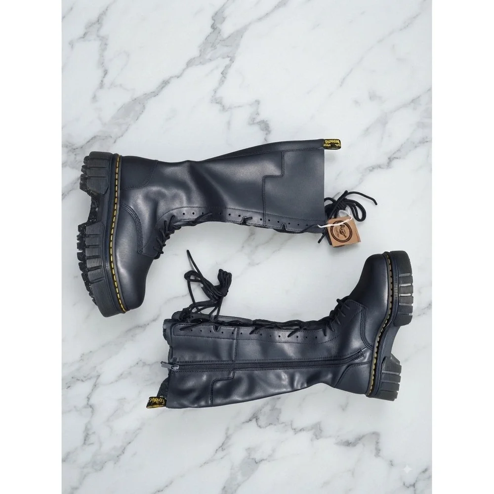 Dr. Martens Audrick 20I Black Nappa Lux Knee High Platform Boots Size US 12